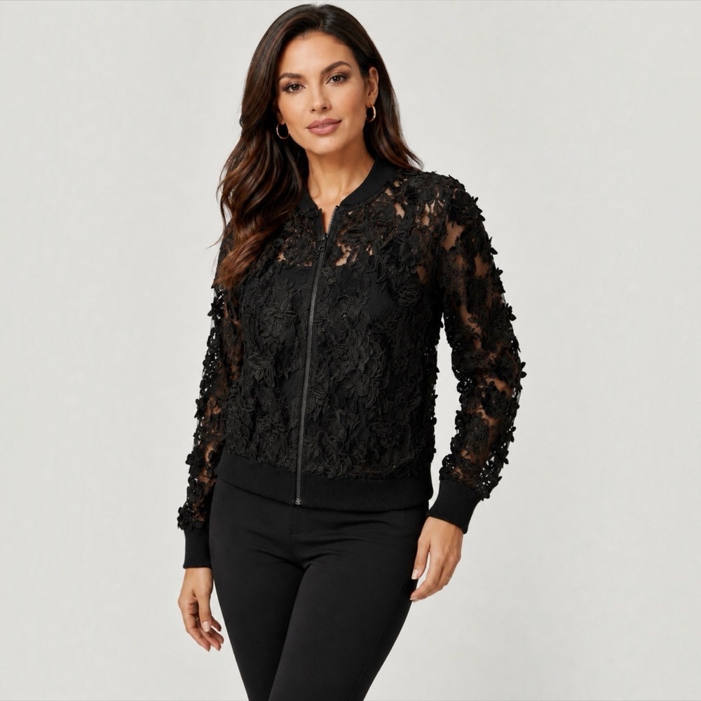 NWT T Tahari Britney Jacket M Black Sheer Mesh 3D Floral Appliqué Bomber Zip